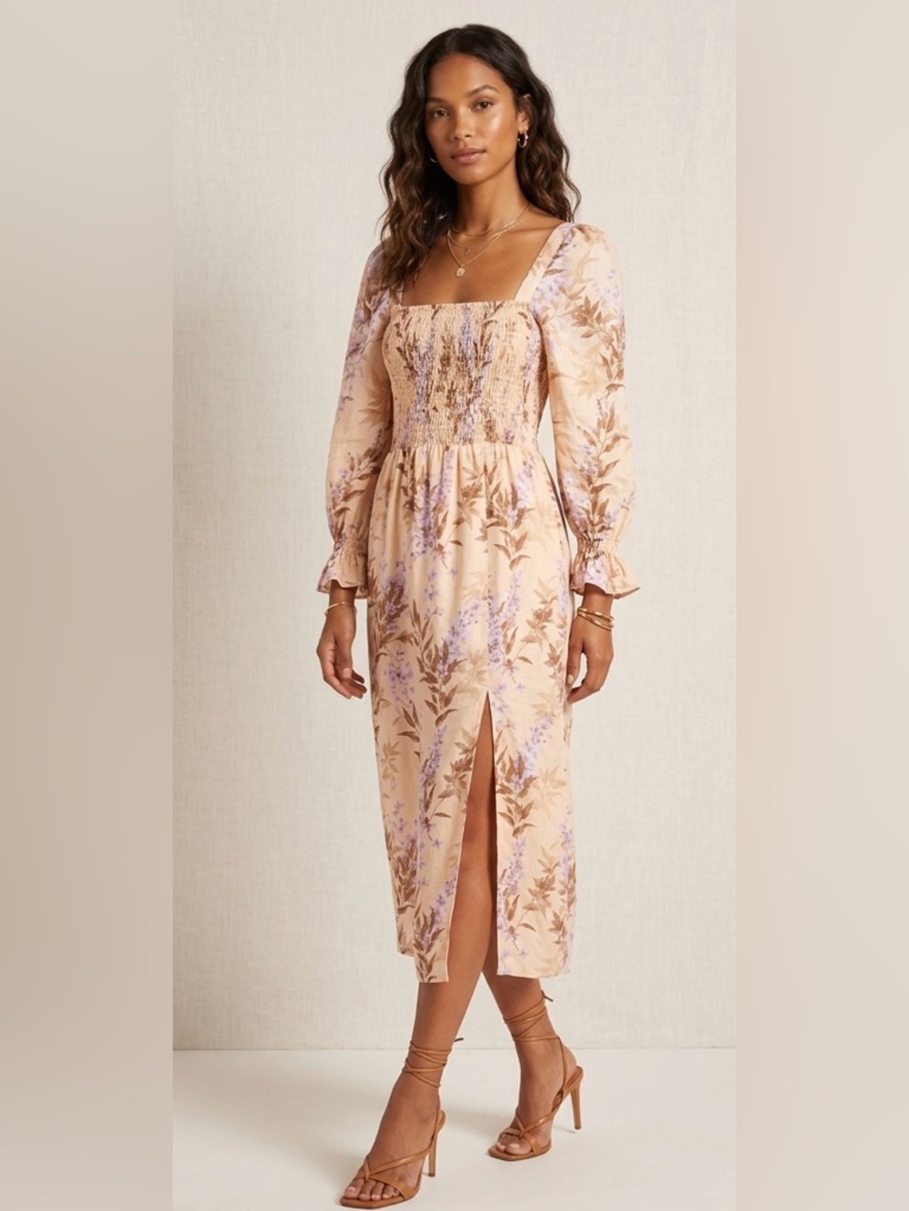 House of‎ Harlow 1960 Cream floral print dress with puff sleeves linen & Rayon
